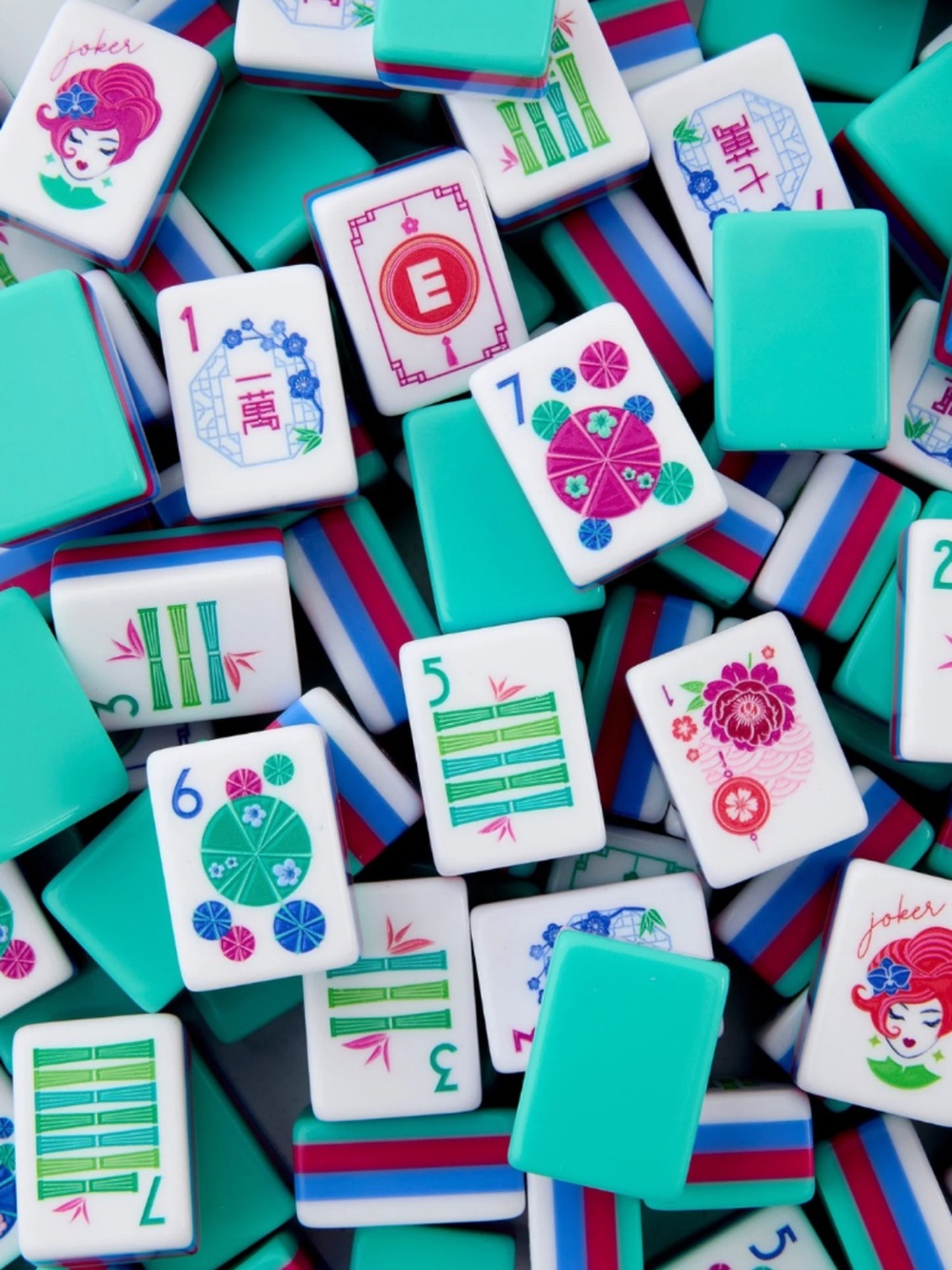 Turquoise, pink,  and blue mahjong tiles